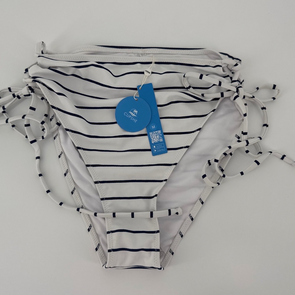 Cupshe Women Bikini Bottom M White Navy Striped High Waisted Side Tie NWT - Picture 1 of 6